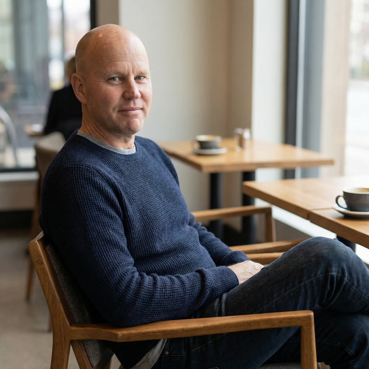 Andrew DeGood seated in a coffee shop